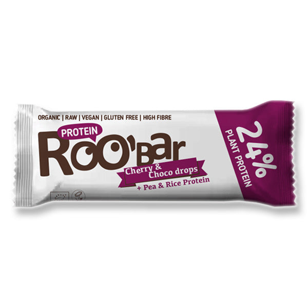 Roobar Protein Bar Cherry and Choc drops Desert de proteine crude ,cirese și ciocolată 40gr